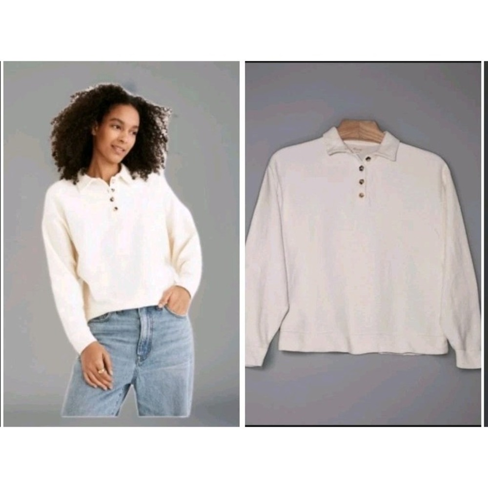 MADEWELL Womens Polo Shirt S Cream Collared Long Sleeve Cotton Ottoman Jacquard - Picture 1 of 11